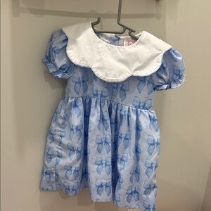 Toddler Blue Bow-Print Dress with White Scalloped Collar